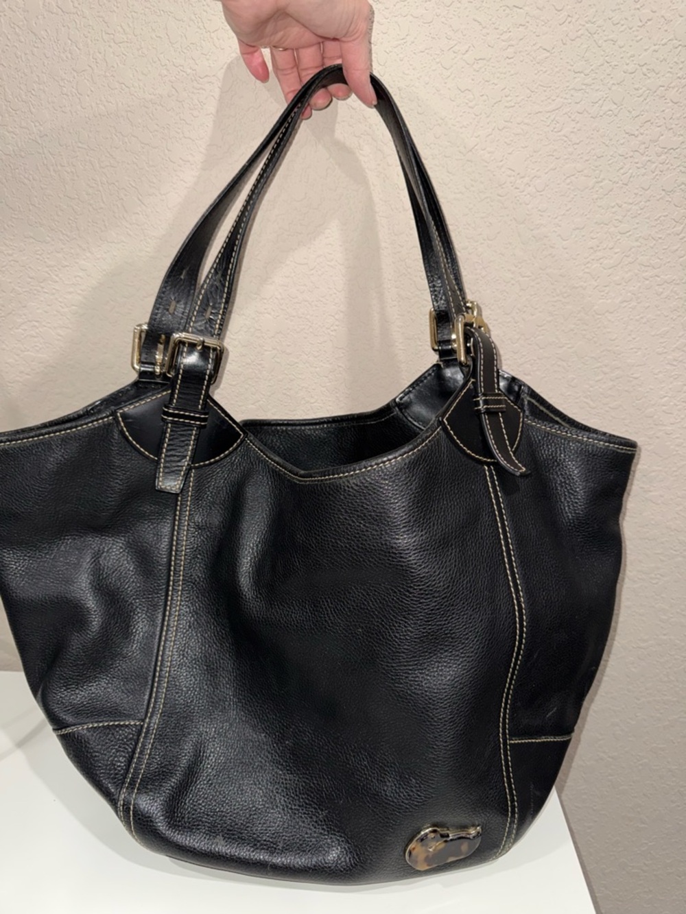 Dooney & Bourke Black Leather Tote with Contrast Stitching